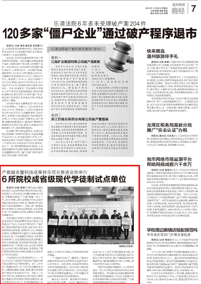 20191129温州商报：6所院校成省级现代学徒制试点单位.jpg